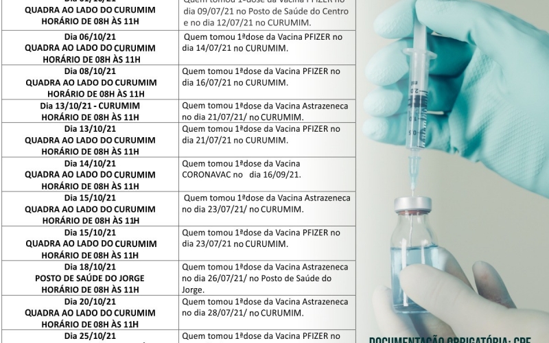 Cronograma vacinação Covid-19 - 2ª Dose - Mês de outubro/2021.